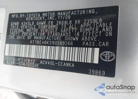 2009 Toyota Camry Le from USA, damaged, VIN 4T1BE46K29U389266